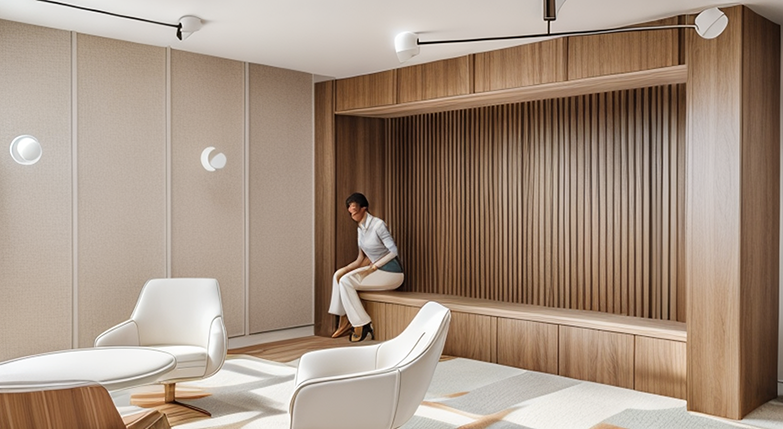 The image shows a photo realistic 3D rendering of an office waiting area with earthy neutral tones 